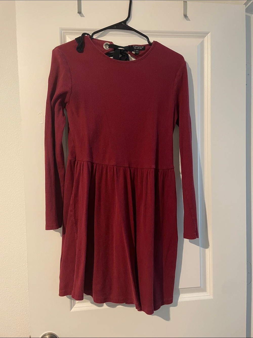 Topshop Burgundy Long-Sleeve Ribbed Skater Dress